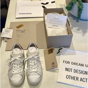 Womens Golden Goose White Purestar Sneakers with Dark Metallic Grey Glitter Heel